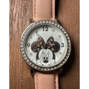DISNEY Minnie Mouse Watch Rhinestone Bezel Pink Leather Band